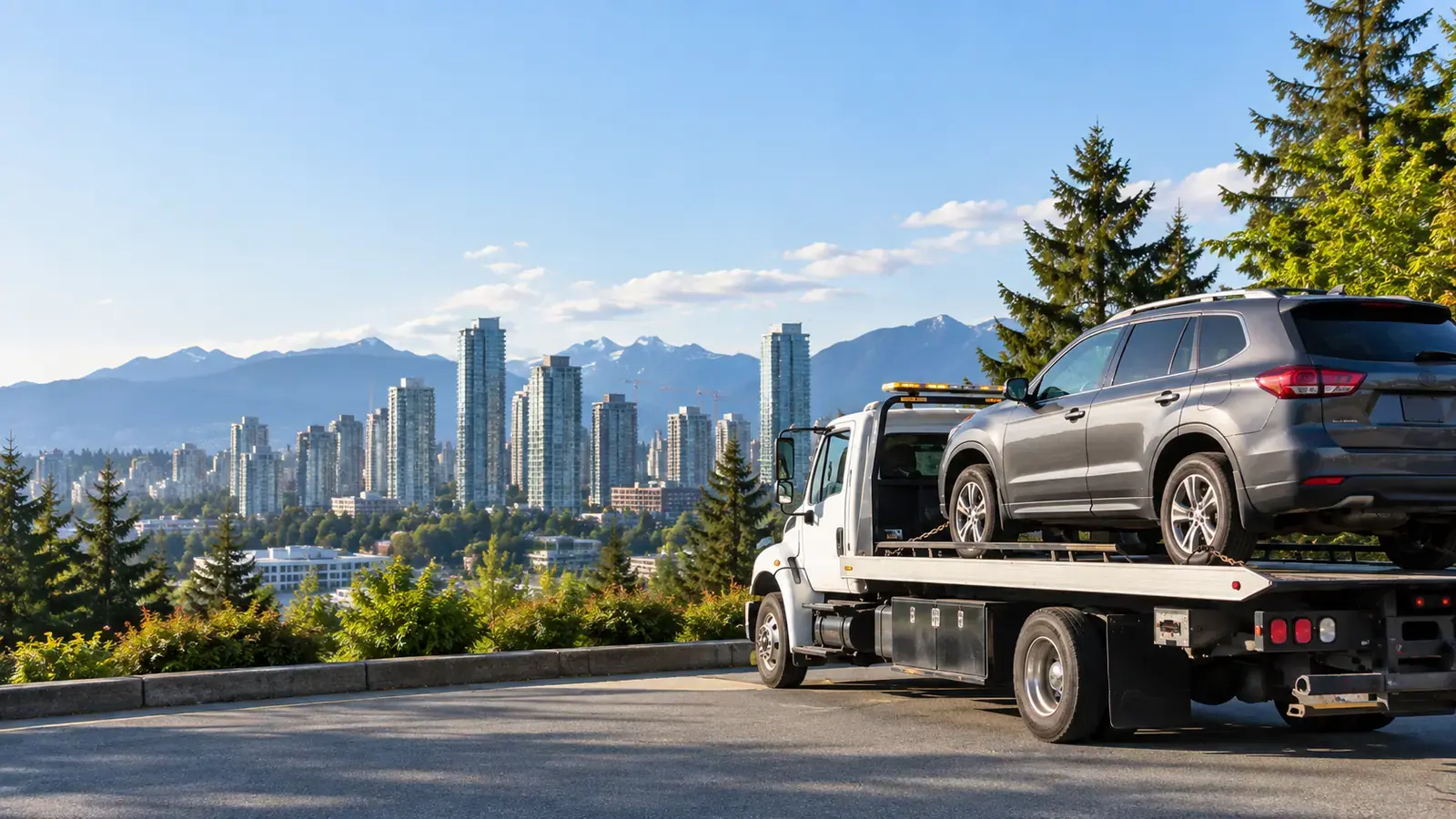 Flat deck tow truck collecting a vehicle in Burnaby, BC