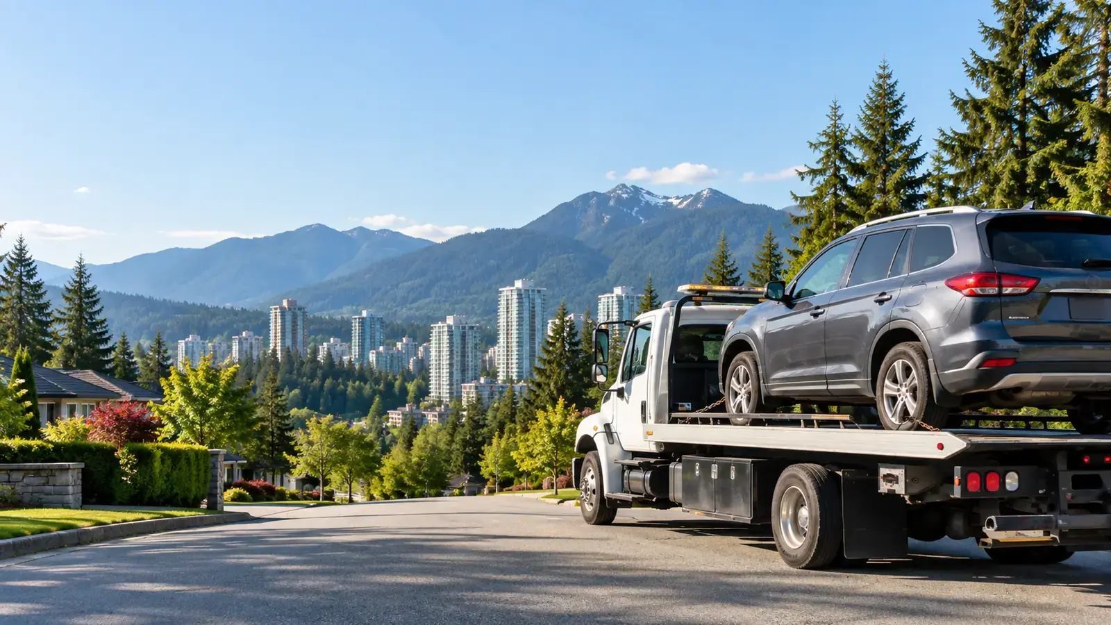 Flat deck tow truck collecting a vehicle in Coquitlam, BC