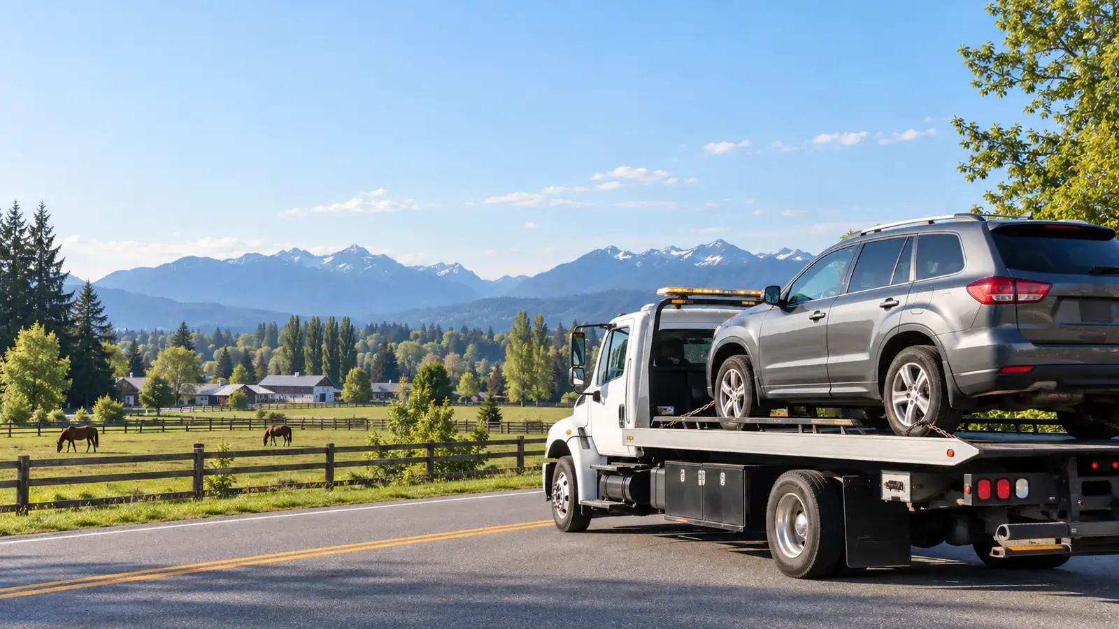 Flat deck tow truck collecting a vehicle in Langley, BC