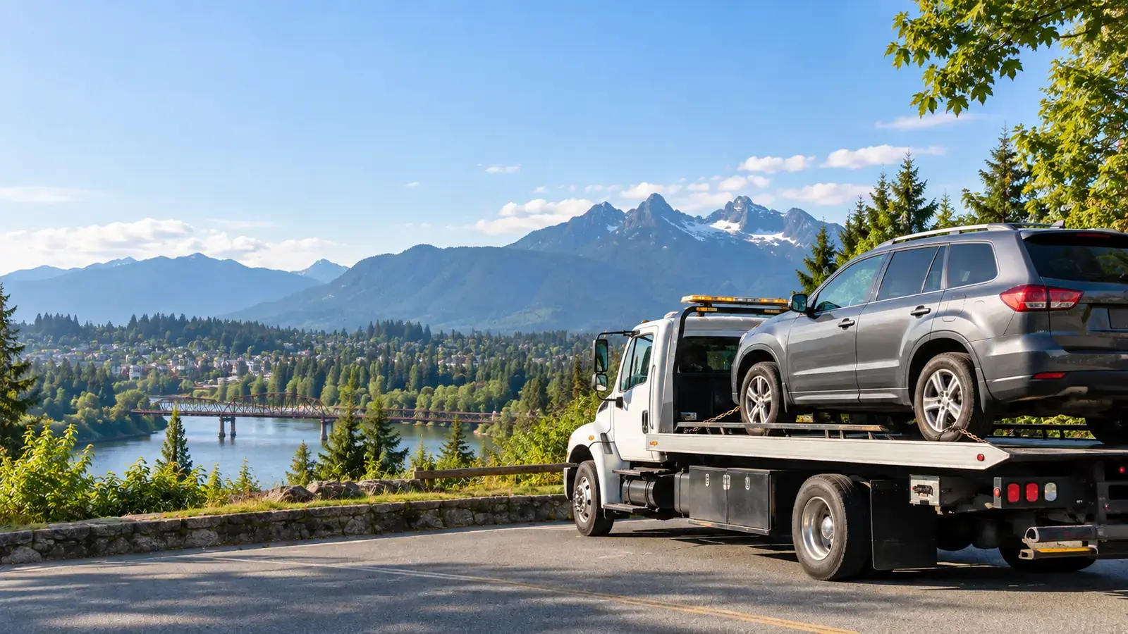 Flat deck tow truck collecting a vehicle in Maple Ridge, BC