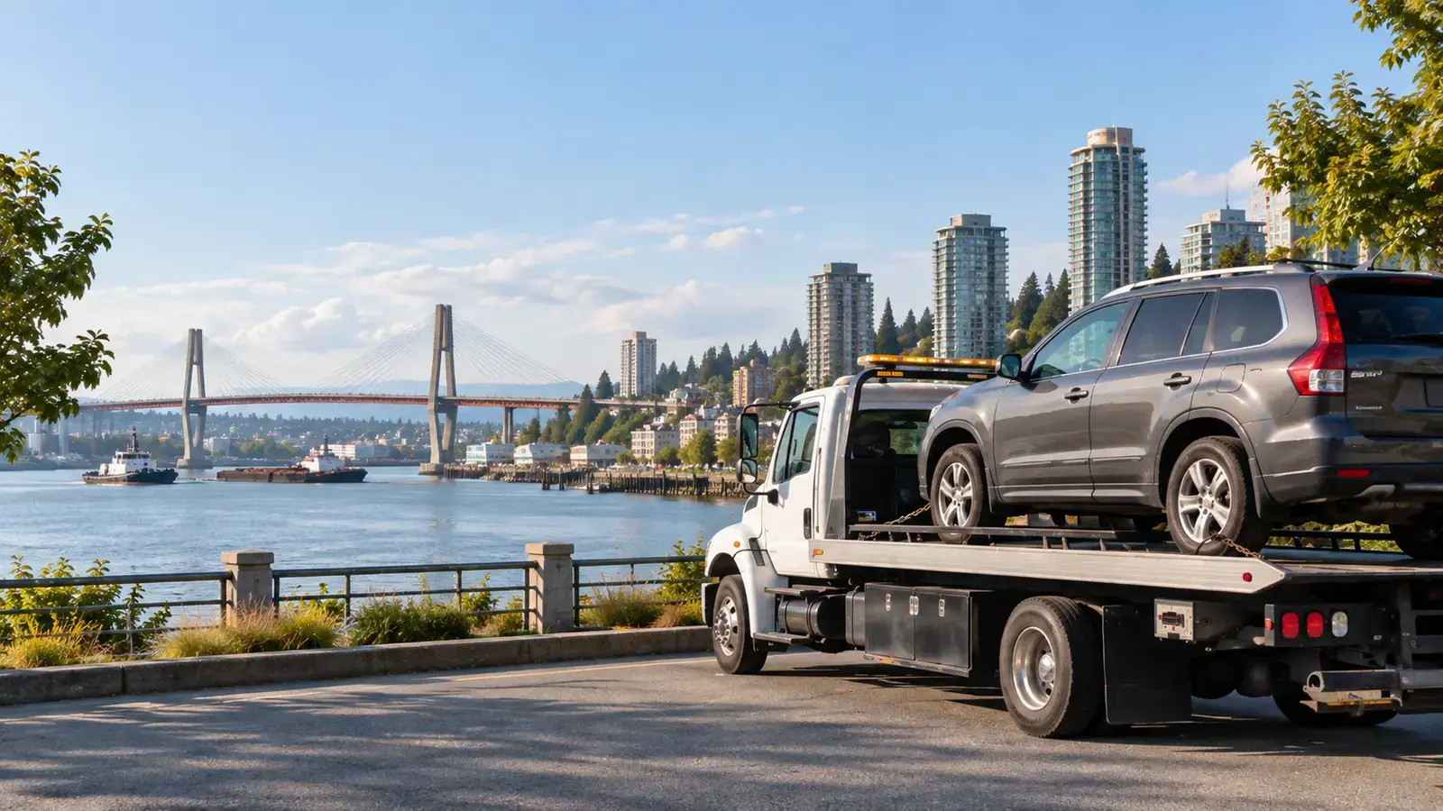 Flat deck tow truck collecting a vehicle in New Westminster, BC