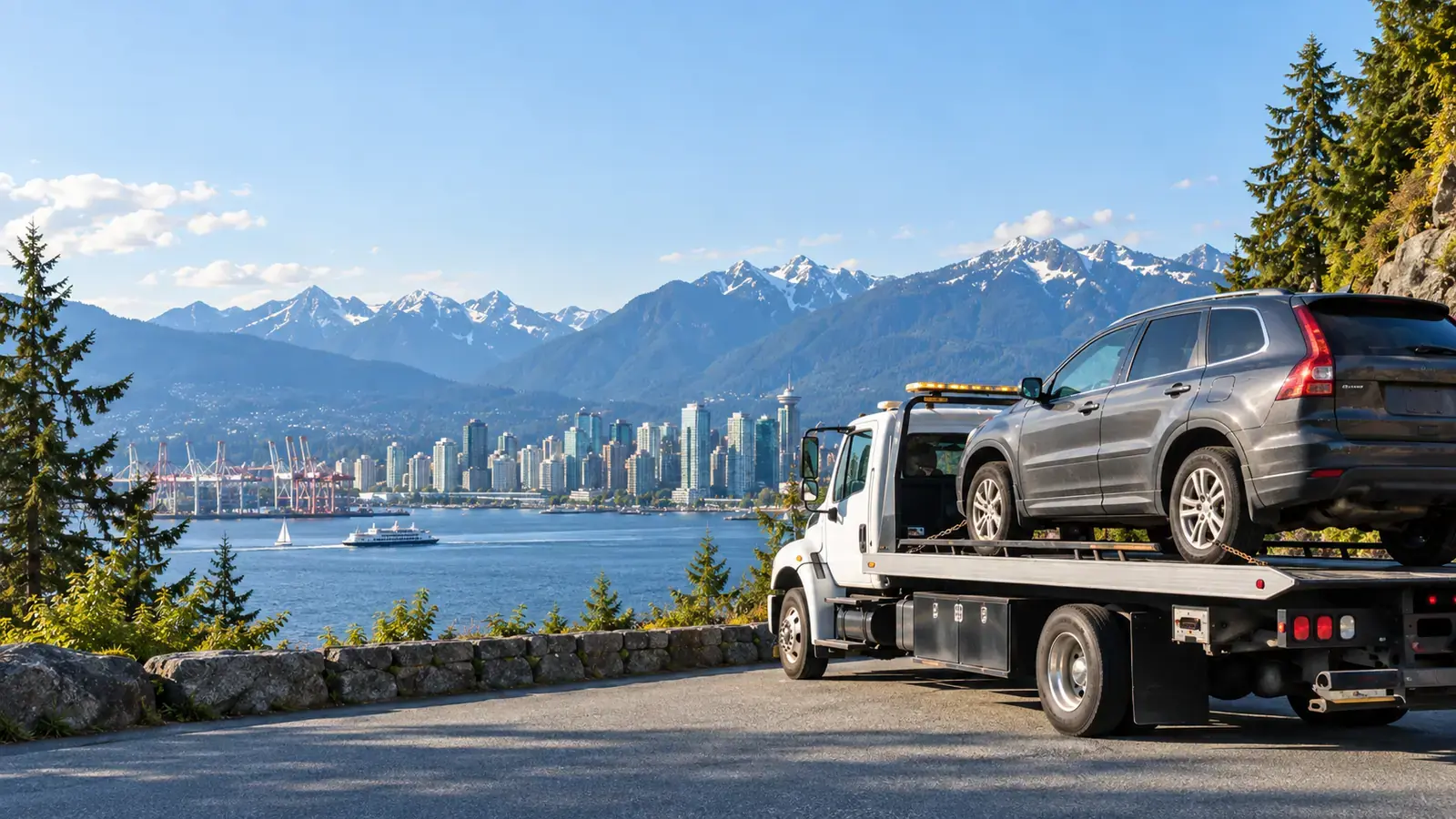 Flat deck tow truck collecting a vehicle in North Vancouver, BC