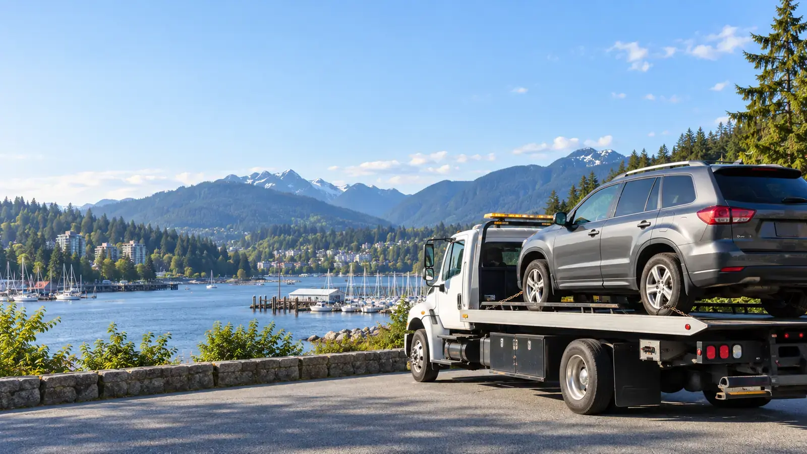 Flat deck tow truck collecting a vehicle in Port Moody, BC