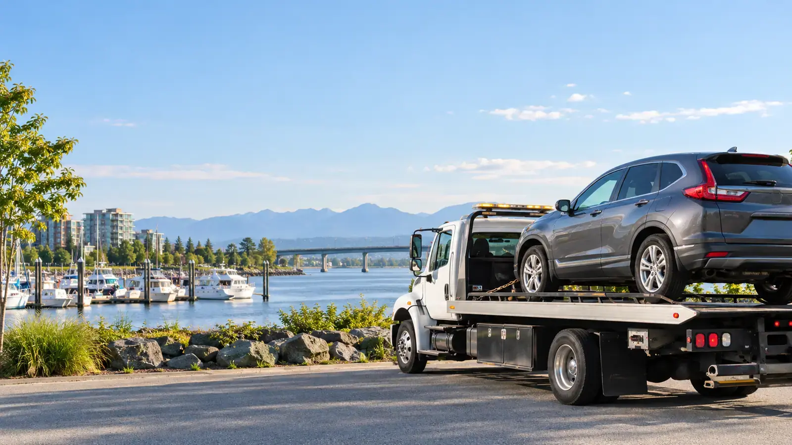 Flat deck tow truck collecting a vehicle in Richmond, BC