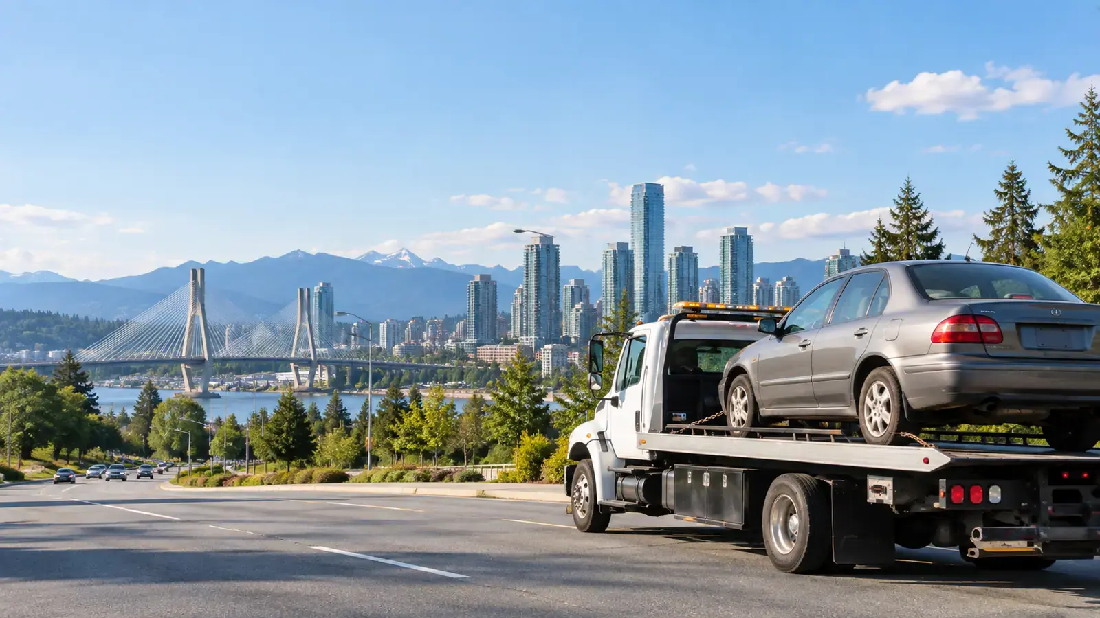 Flat deck tow truck collecting a vehicle in Surrey, BC