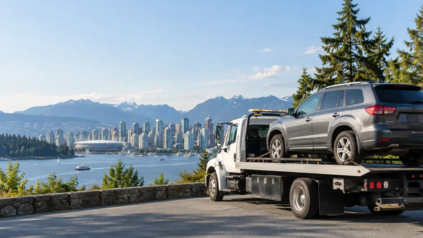 Flat deck tow truck collecting a vehicle in Vancouver, BC