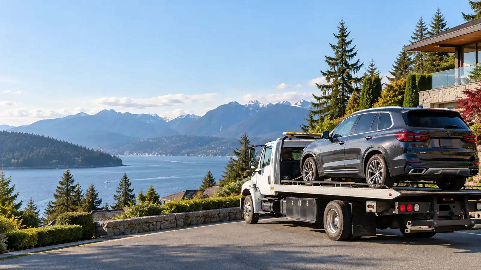 Flat deck tow truck collecting a vehicle in West Vancouver, BC