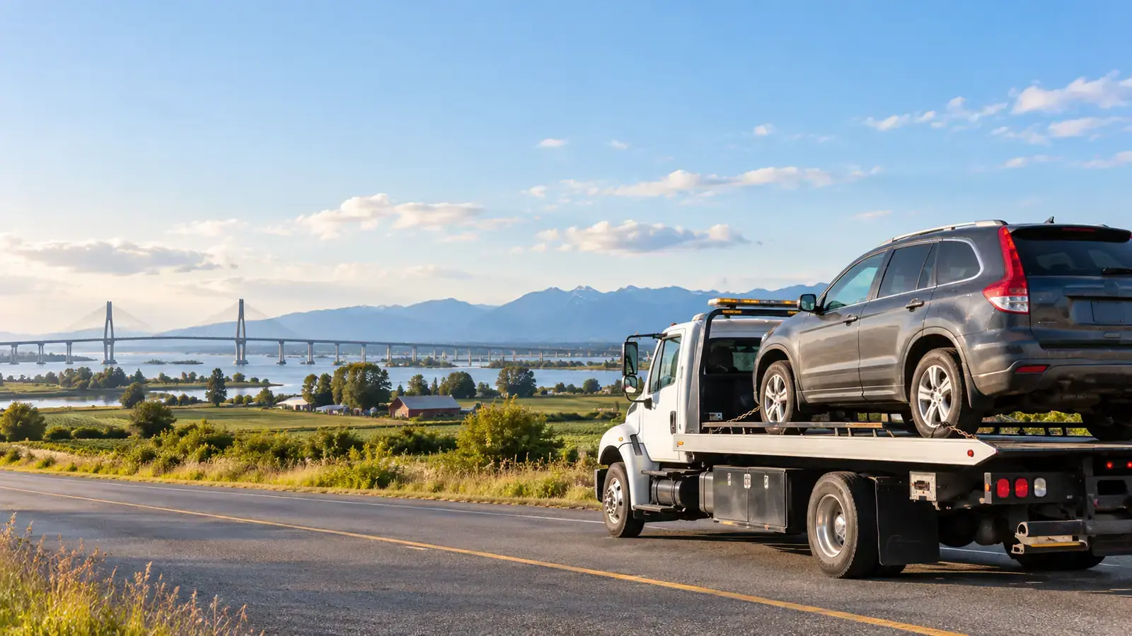 Flat deck tow truck collecting a vehicle in Delta, BC