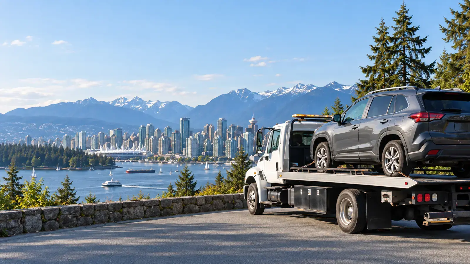 Flat deck tow truck with a collected vehicle above the Vancouver skyline and North Shore mountains