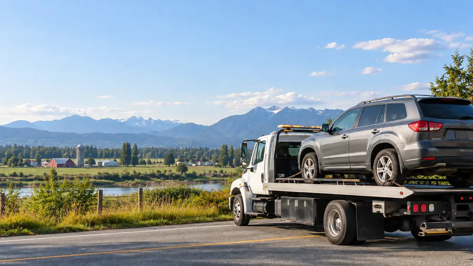 Flat deck tow truck collecting a vehicle in Pitt Meadows, BC