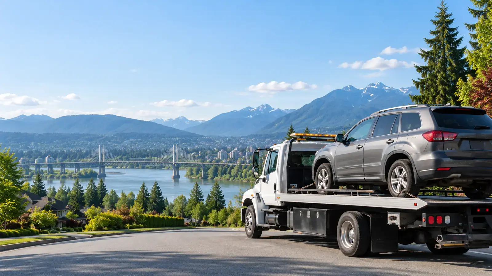 Flat deck tow truck collecting a vehicle in Port Coquitlam, BC