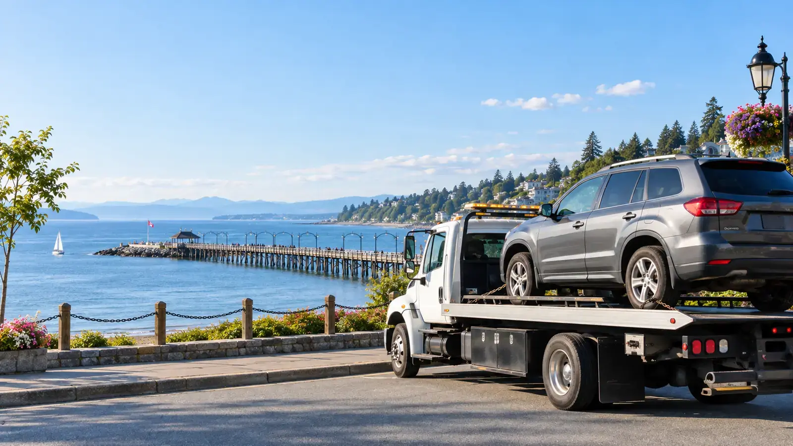 Flat deck tow truck collecting a vehicle in White Rock, BC